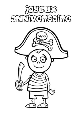 Un coloriage représentant un enfant déguisé en pirate, tenant un sabre et portant un chapeau de pirate orné d'un crâne et de tibias croisés.