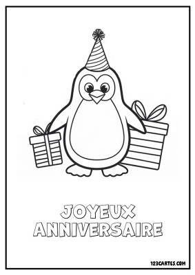 Pingouin souriant portant un chapeau de fête et tenant deux cadeaux.