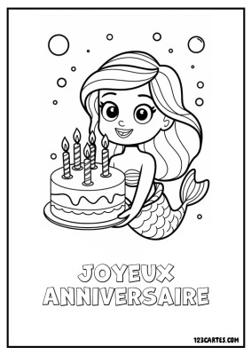 Coloriage d'une sirène joyeuse tenant un gâteau d'anniversaire avec des bougies allumées.