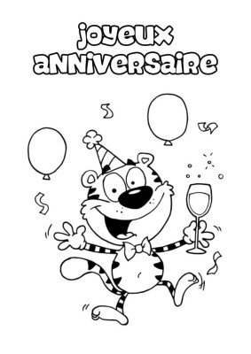Coloriage d'un joyeux tigre portant un chapeau de fête et tenant un verre, célébrant un anniversaire.