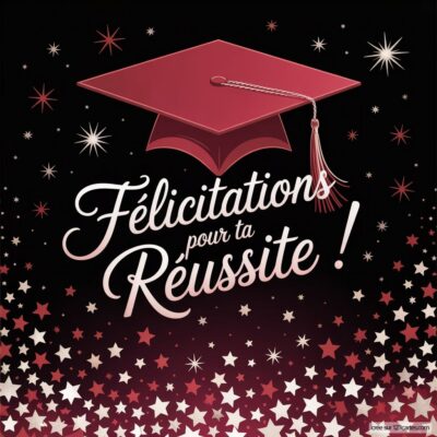 Image de félicitations pour un diplôme, avec un chapeau de diplômé rouge sur fond noir étoilé et le texte Félicitations pour ta Réussite ! en lettres stylisées.