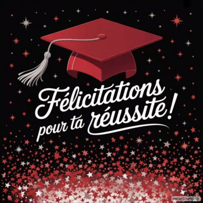 Carte virtuelle de félicitations avec un chapeau de diplômé rouge et des étoiles sur fond noir. Texte : Félicitations pour ta réussite !