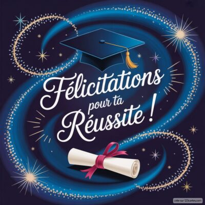 Carte virtuelle avec un chapeau de diplômé, un rouleau de diplôme et le texte Félicitations pour ta Réussite ! sur fond étoilé.
