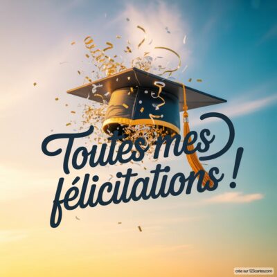 Carte virtuelle de félicitations avec une toque de diplômé et des confettis sur un fond coloré. Texte : Toutes mes félicitations !
