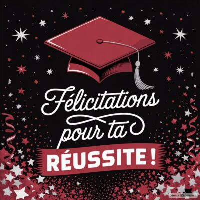 Image d'une carte de félicitations avec un chapeau de diplômé, étoiles et texte Félicitations pour ta RÉUSSITE ! sur fond noir.