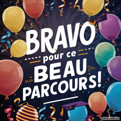 Carte virtuelle de félicitations avec des ballons colorés et un message en gros caractères : Bravo pour ce beau parcours !