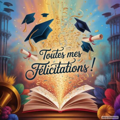 Carte virtuelle de félicitations avec un livre ouvert, des diplômes, des chapeaux de graduation et des confettis.