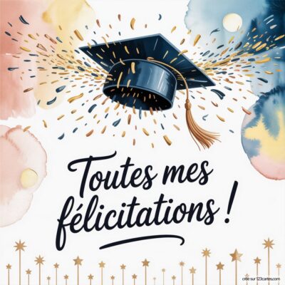 Carte virtuelle de félicitations avec un chapeau de diplômé et des éclats colorés. Texte : Toutes mes félicitations ! en grandes lettres.