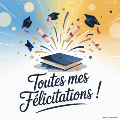 Carte de félicitations pour un diplôme, avec un livre ouvert, des chapeaux de diplômés et des rouleaux, sur fond coloré.