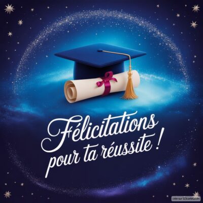 Carte virtuelle de félicitations pour un diplôme, avec un chapeau de diplômé et un rouleau de parchemin sur fond étoilé.
