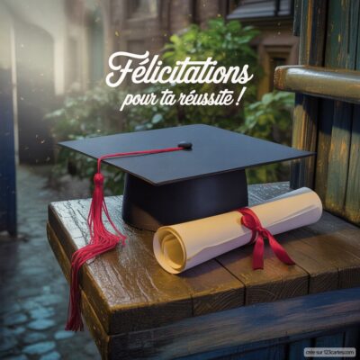 Image d'une carte virtuelle de félicitations pour un diplôme, représentant une toque noire et un rouleau de diplôme sur une table.