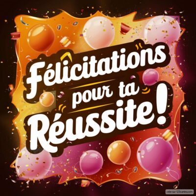 Carte virtuelle colorée avec texte en gros caractères : « Félicitations pour ta Réussite ! » sur fond festif et confettis.