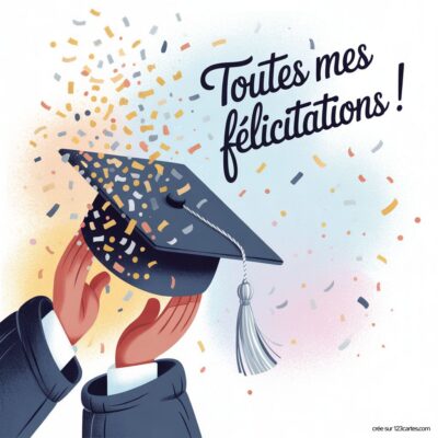 Deux mains tiennent un chapeau de diplômé, entouré de confettis. Le texte Toutes mes félicitations ! est inscrit en haut.
