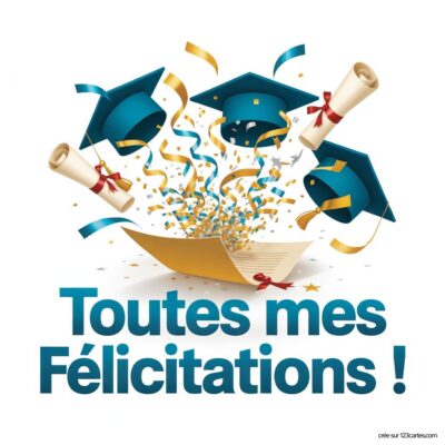 Carte virtuelle de félicitations avec des chapeaux de diplômés, des rouleaux de diplôme et des confettis colorés.