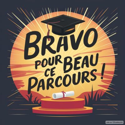 Carte de félicitations avec un chapeau de diplômé et un rouleau de diplôme, sur fond rayonnant et message motivant.