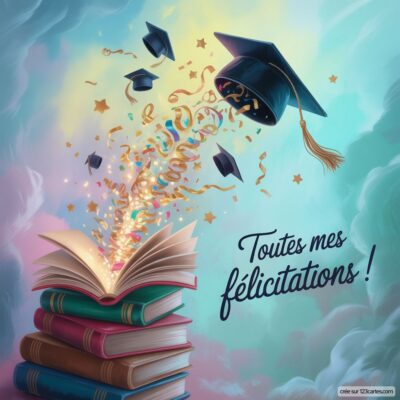 Carte virtuelle de félicitations pour un diplôme, avec un livre ouvert, des chapeaux de diplômés et des étoiles scintillantes.