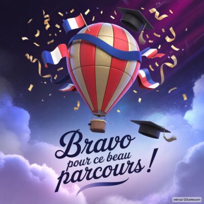 Une montgolfière colorée s'élève dans le ciel avec des chapeaux de diplômés et des confettis. Texte : Bravo pour ce beau parcours !