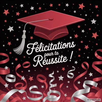 Carte de félicitations avec un chapeau de diplômé rouge, des étoiles et des rubans, sur fond noir. Message : Félicitations pour ta Réussite !
