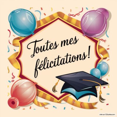 Carte virtuelle de félicitations avec un chapeau de diplômé, des ballons colorés et le texte Toutes mes félicitations ! en milieu.