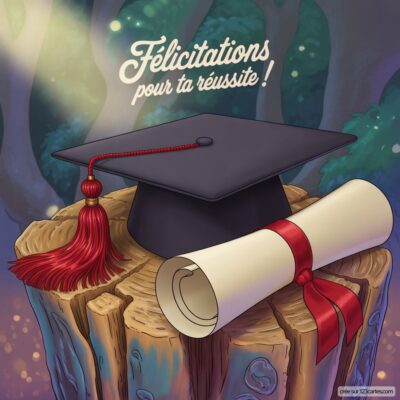 Image d'une toque de diplômé et d'un rouleau de diplôme sur une souche, avec le texte « Félicitations pour ta réussite ! » en arrière-plan.
