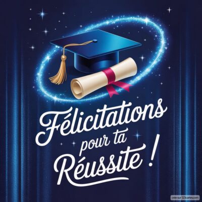 Carte virtuelle félicitant pour l’obtention du diplôme, avec un chapeau de diplômé, un rouleau de parchemin et des étoiles.