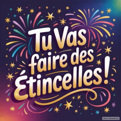 Carte de félicitations colorée avec des feux d'artifice, écriture festive : Tu vas faire des étincelles !