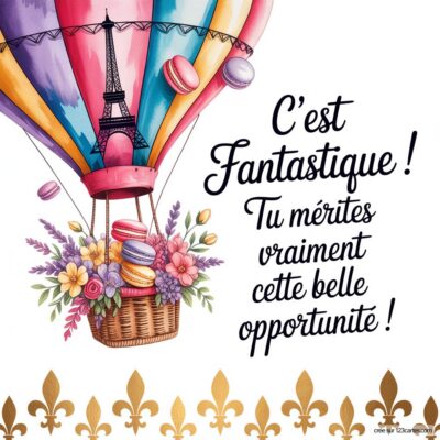 Carte virtuelle félicitant une personne pour un nouveau poste, avec une montgolfière colorée et des macarons, entourée de fleurs.