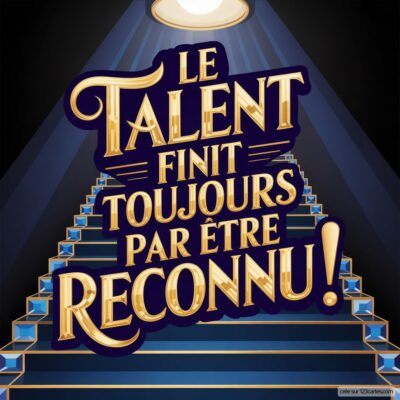 Carte de félicitations avec un texte inspirant sur fond d'escalier illuminé, célébrant une promotion et la reconnaissance du talent.