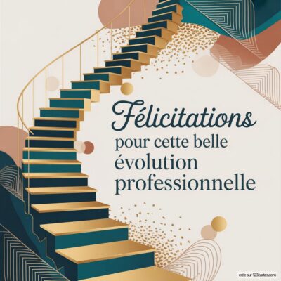 Carte de félicitations avec un escalier en spirale et des éléments graphiques, annonçant une promotion professionnelle.
