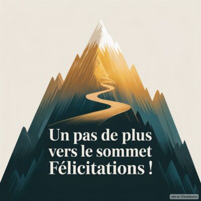 Carte virtuelle représentant des montagnes avec un chemin sinueux et le texte Un pas de plus vers le sommet Félicitations ! en dessous.