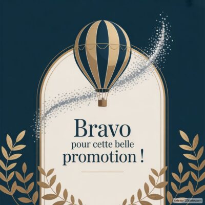 Carte virtuelle de félicitations avec un ballon dirigeable et des motifs floraux, célébrant une promotion.