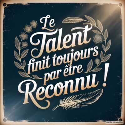 Carte virtuelle avec un fond sombre et des ornements floraux, affichant le message : Le talent finit toujours par être reconnu !