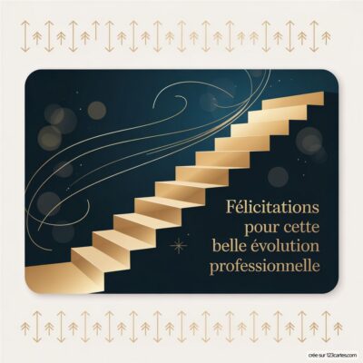 Carte virtuelle avec un escalier doré, sur fond sombre, accompagnée du texte Félicitations pour cette belle évolution professionnelle.