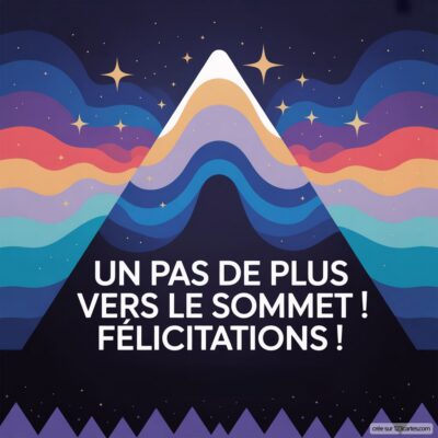 Carte virtuelle félicitant pour une promotion, avec des vagues colorées et un sommet stylisé, accompagnée du message : Un pas de plus vers le sommet ! Félicitations !