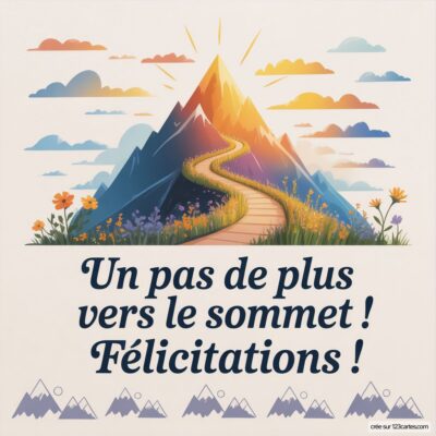 Carte virtuelle de félicitations : un chemin sinueux mène au sommet d'une montagne, entouré de fleurs colorées et de nuages.