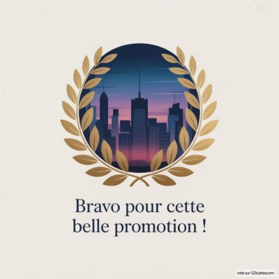 Carte virtuelle de félicitations avec un fond citadin stylisé et un message de promotion encadré de lauriers dorés.