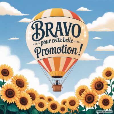 Carte virtuelle avec un ballon dirigeable coloré portant l'inscription Bravo pour cette belle Promotion ! entouré de tournesols.