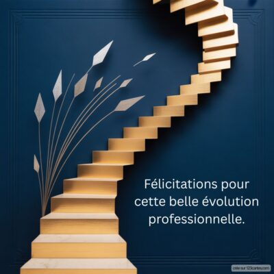 Carte virtuelle avec un escalier en bois montant vers le haut, ornée de motifs floraux et d’un message de félicitations pour une promotion.