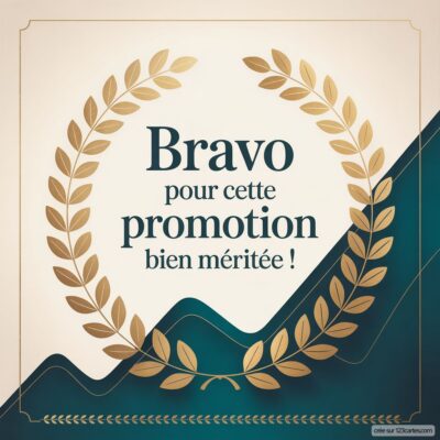 Carte virtuelle de félicitations avec un fond élégant, entourée de feuilles dorées, portant le message Bravo pour cette promotion bien méritée !