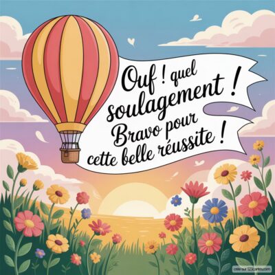 Carte virtuelle félicitations avec un ballon montgolfière, fleurs colorées et un message de joie pour une réussite à un examen.
