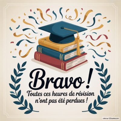 Image d'une carte de félicitations avec un chapeau de diplômé sur des livres, entourée de confettis et du texte Bravo !.