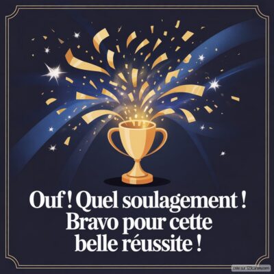 Image d'une coupe dorée avec des confettis et des éclats de lumière, accompagnée du message : Ouf ! Quel soulagement ! Bravo pour cette belle réussite !