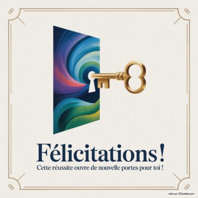Carte virtuelle avec un fond coloré, une clé ouvrant une porte et le texte Félicitations ! Cette réussite ouvre de nouvelles portes pour toi !