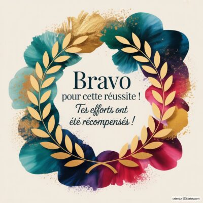 Carte de félicitations avec une couronne colorée et un message célébrant la réussite d'un examen.