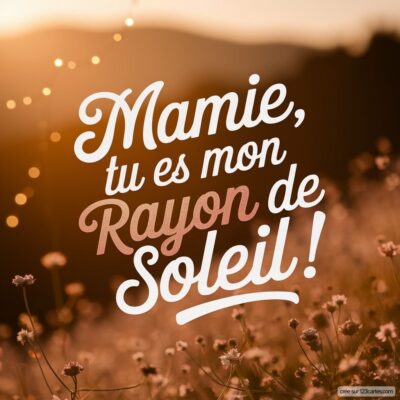 Fond fleuri avec un dégradé de lumière, texte en lettres blanches et roses: 'Mamie, tu es mon Rayon de Soleil!'