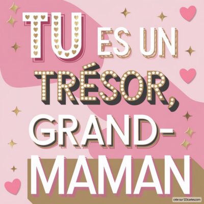 Carte de fête des grands-mères avec le message Tu es un trésor, grand-maman en lettres colorées sur fond rose.