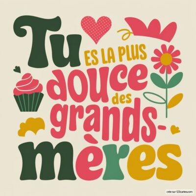 Carte de fête des grands-mères avec le message Tu es la plus douce des grands-mères, décorée de fleurs et d'un cupcake.