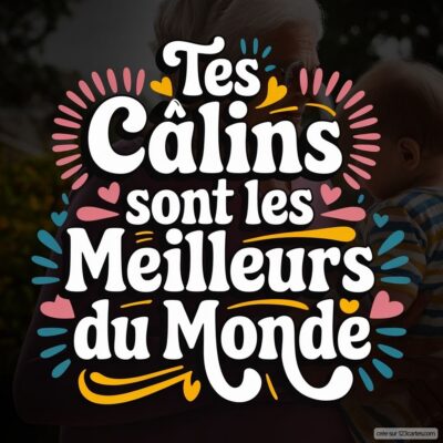 Carte virtuelle colorée pour la fête des grands-mères avec le message Tes câlins sont les meilleurs du monde.