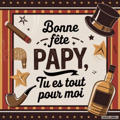 Carte virtuelle pour la fête des grands-pères, avec des illustrations de chapeau, cigare, pipe et bouteille, et le texte Bonne fête Papy, Tu es tout pour moi.