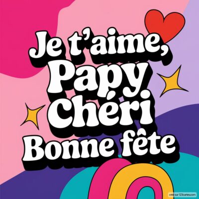 Carte virtuelle colorée pour la fête des grands-pères, avec le texte Je t'aime, Papy Chéri, Bonne fête en lettres audacieuses.